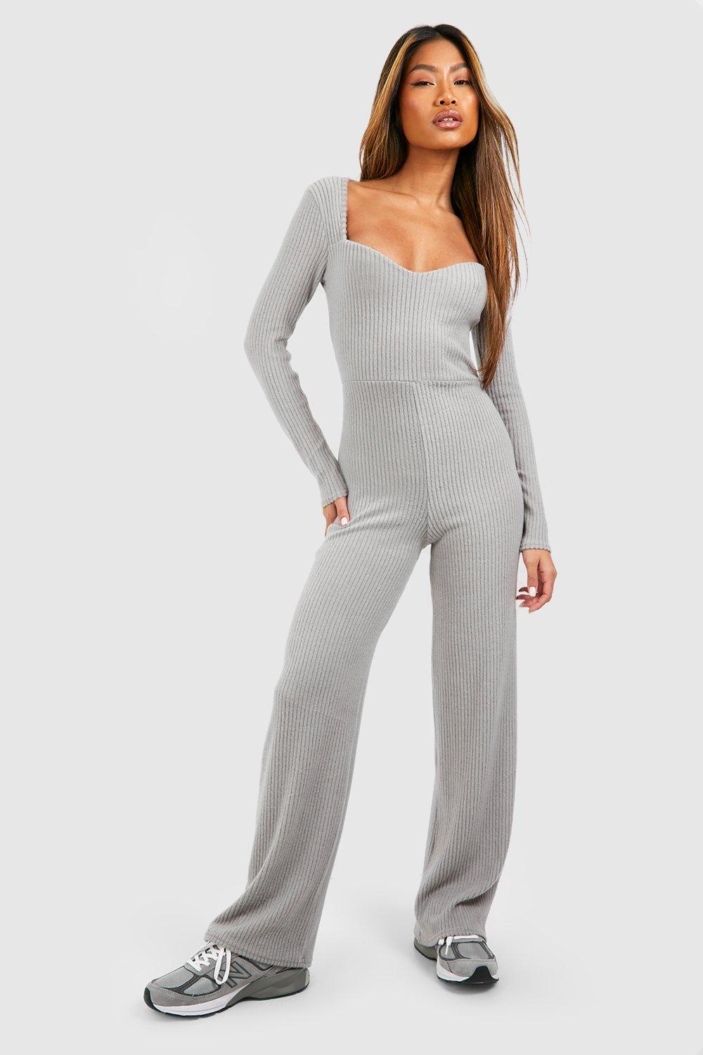 Womens Sweetheart Neck Soft Brushed Rib Jumpsuit - Grey - 14, Grey